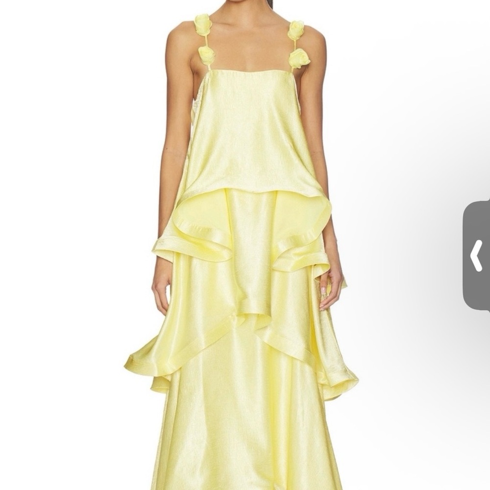Elliatt Pale Yellow Satin Ruffle Slip Dress with Floral Strap Details - Picture 2 of 6